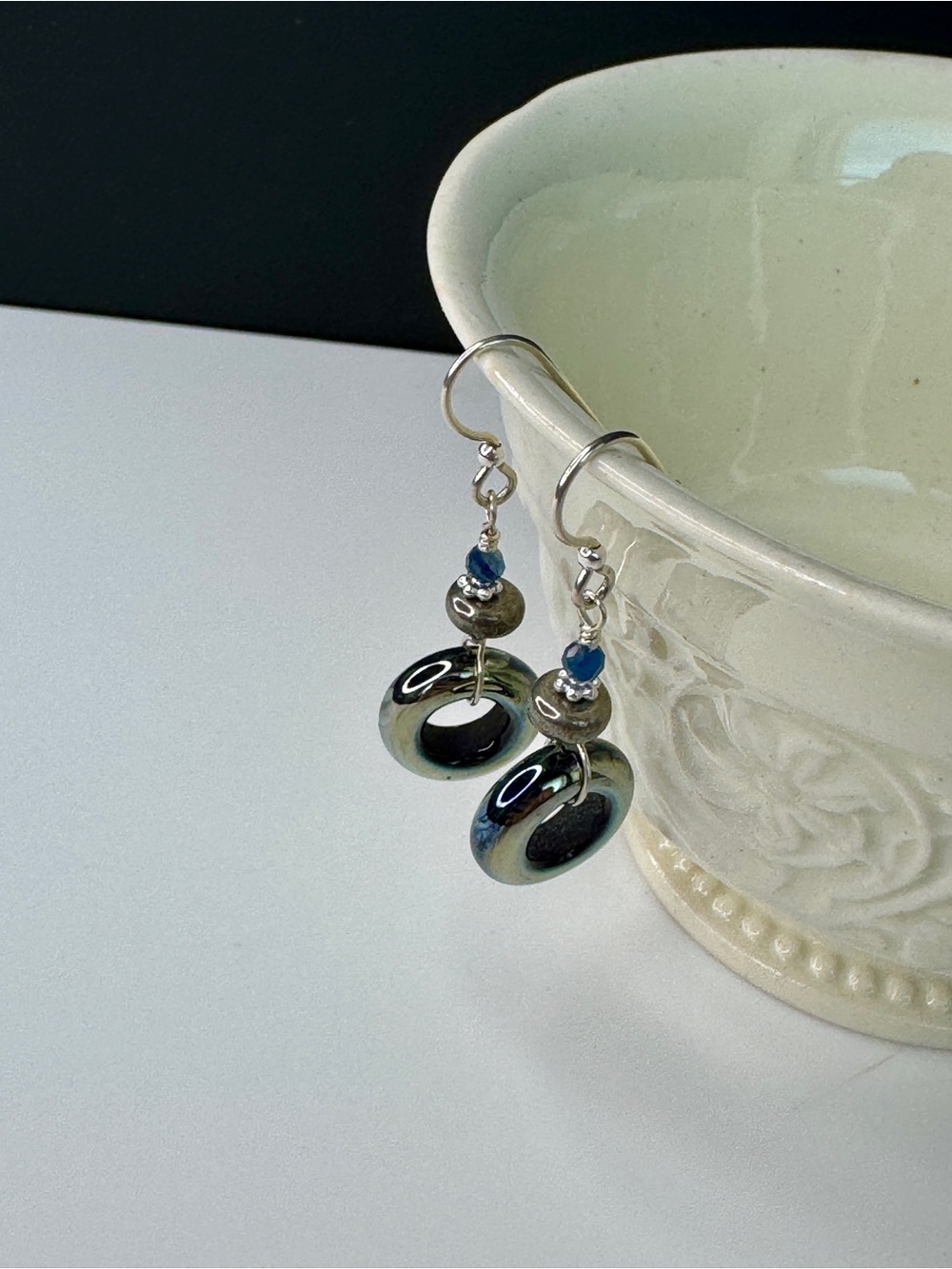 Iridescent Blue Hoop Drop Earrings with Silver Accents